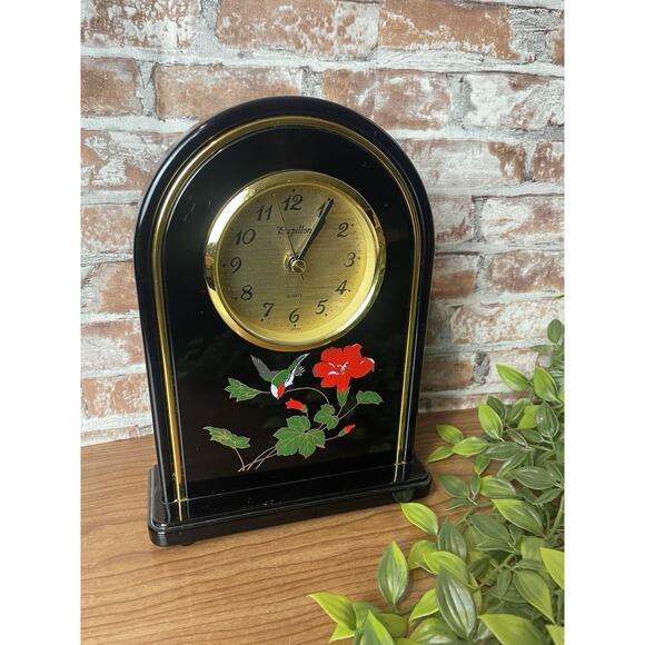 Vintage 1980s Papillon Quartz Mantel Table Clock Black Lacquer Clock Dome Shape - Picture 11 of 12